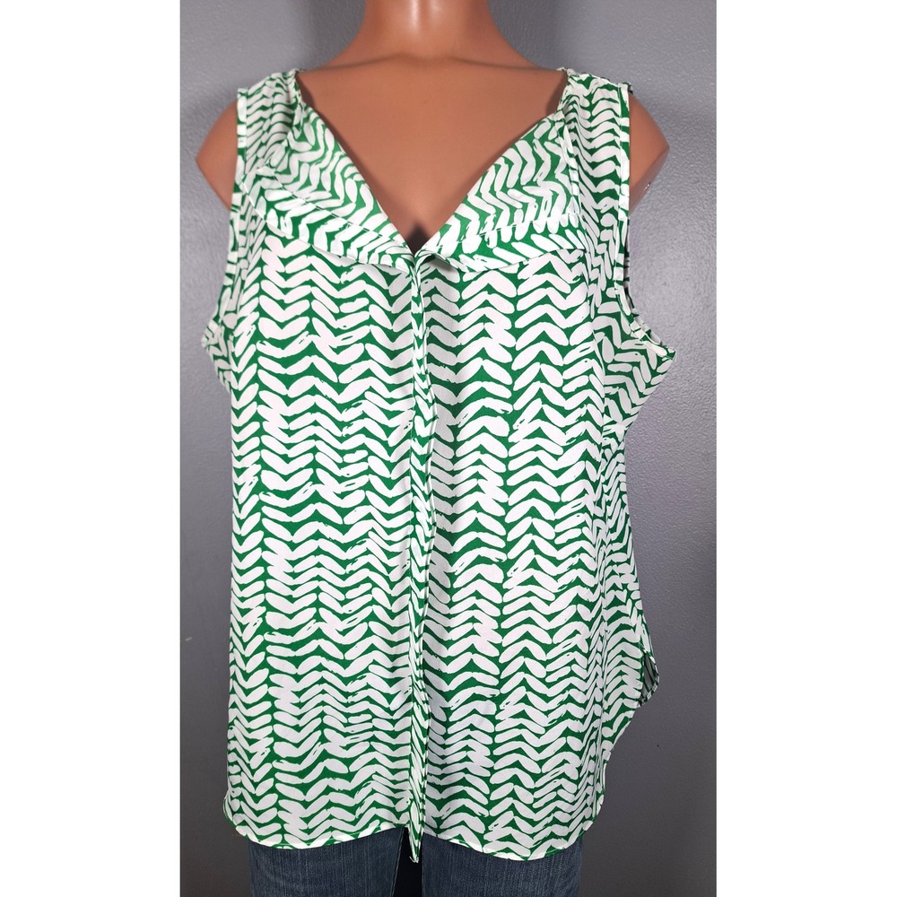 Worthington Petite‎ Green White Chevron V-Neck Sleeveless Blouse PL Large